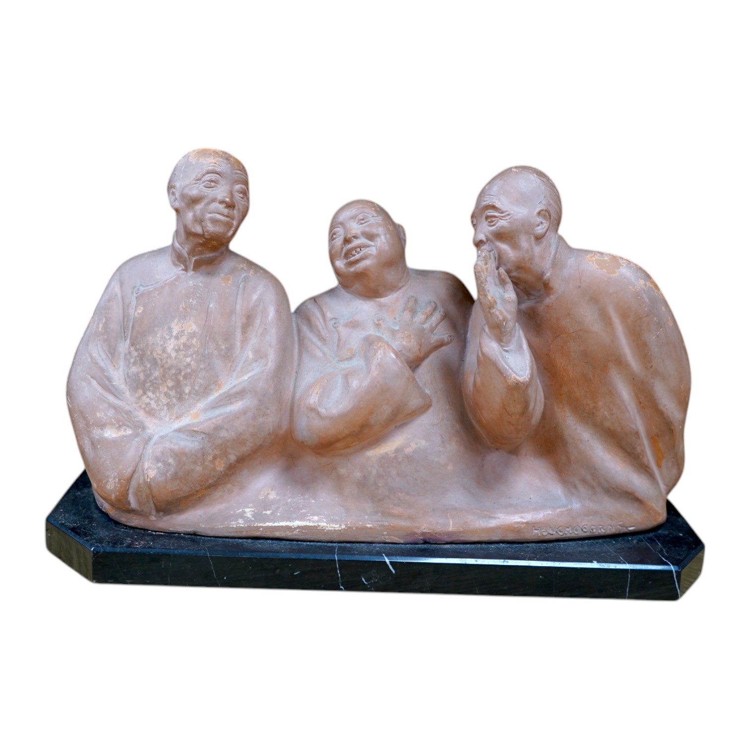 A French Art Deco terracotta sculpture of three seated Asian gentlemen, signature near base, 35cm high. Condition - fair